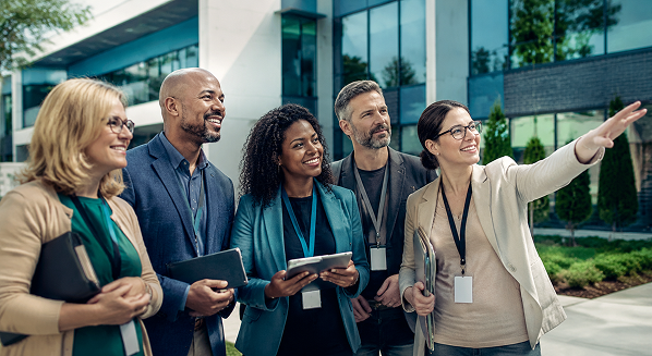 Franchise partners standing outside a modern office building